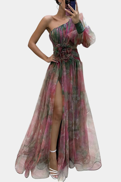 Elegant Abstract Print Maxi Dress for Women with One Shoulder Puff Sleeve Floral Waist Formal Style