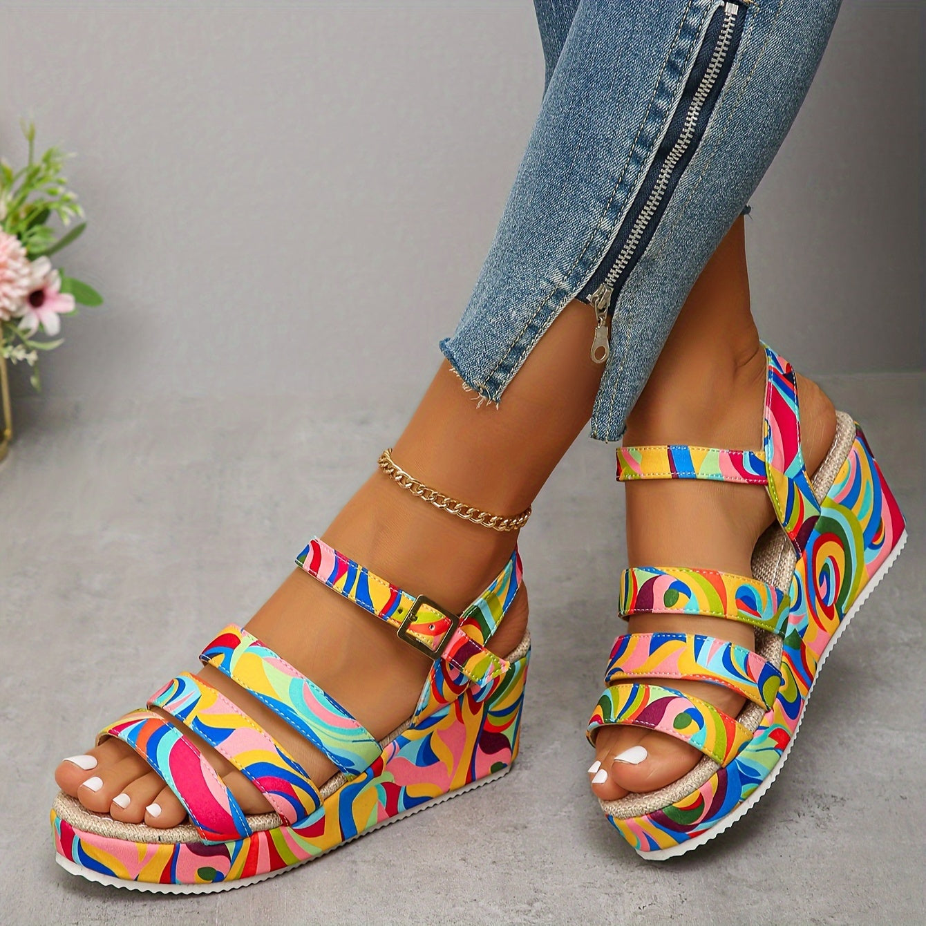 Comfortable Multicolour Wedge Sandals for Women with Platform Strappy Ankle Strap Style