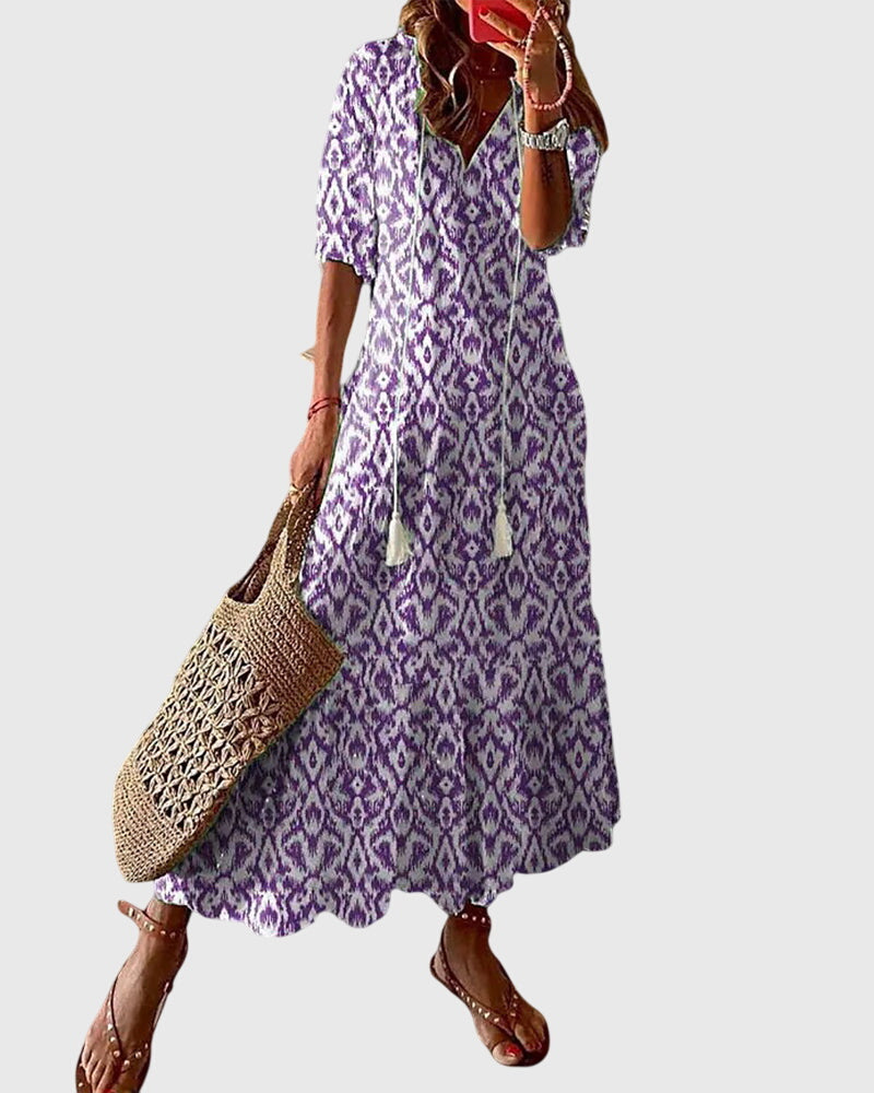 Effortless Ikat Print Maxi Dress for Women with V-Neck Tassel Tie Short Sleeve Casual Style