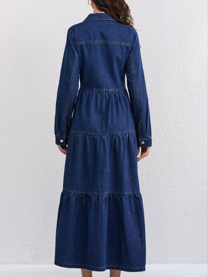 Elegant Blue Denim Maxi Dress for Women with Collar Long Sleeve Tiered Style
