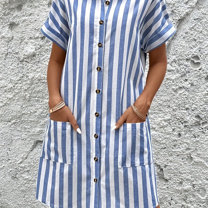 Effortless Striped Shirt Dress for Women with Short Sleeve Belted