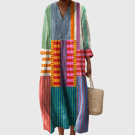 Effortless Colorblock Print Maxi Dress for Women with V-Neck Long Sleeve Casual Loose Style