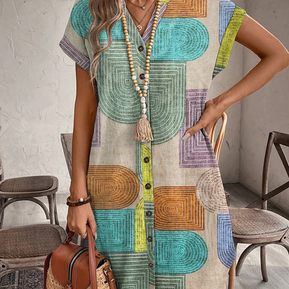 Effortless Geometric Shirt Dress for Women with V Neck Retro