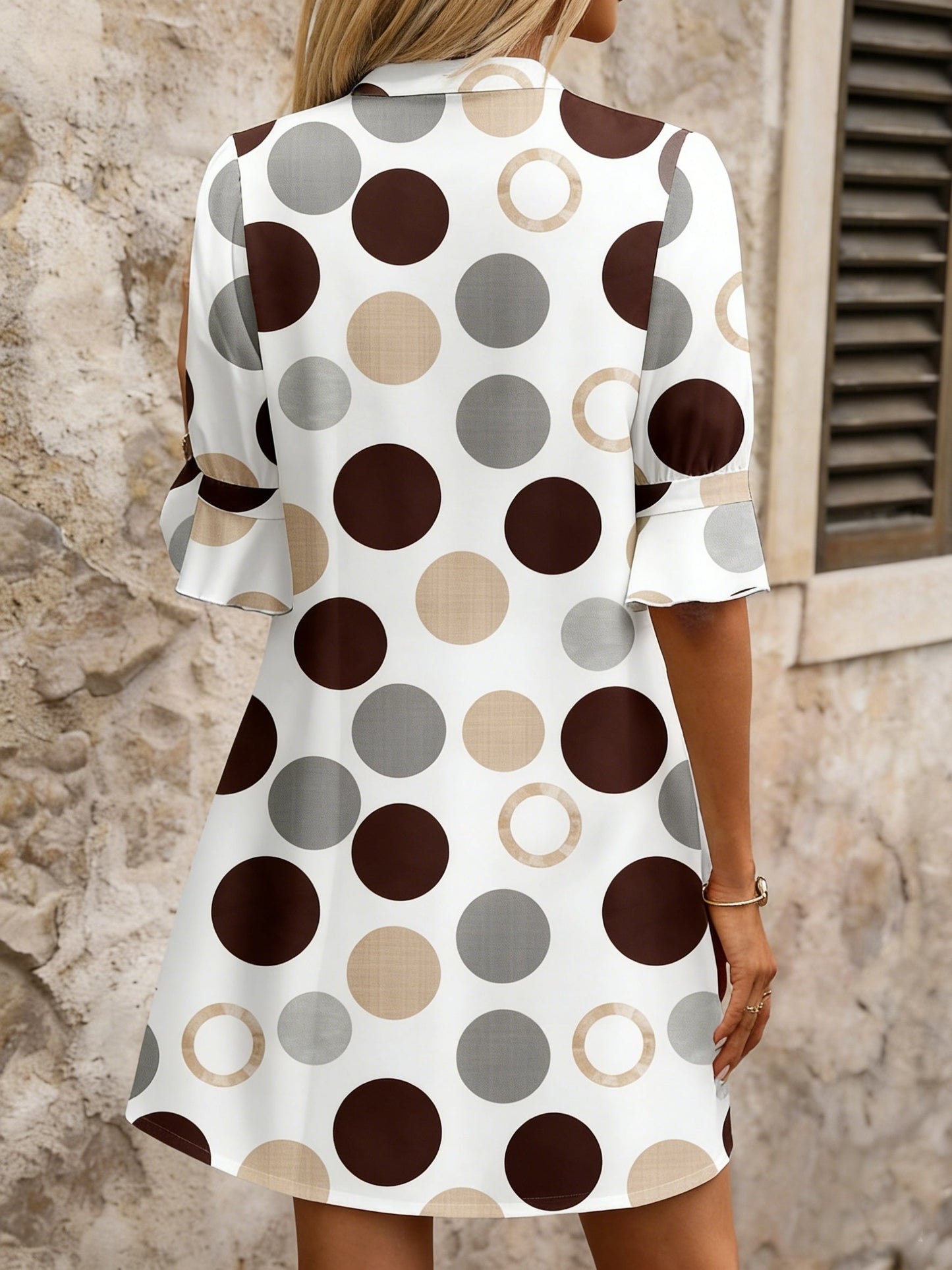 Effortless Polka Dot Mini Dress for Women with V Neck Flared Sleeve