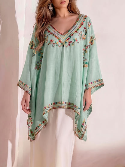 Effortless Poncho Shirts for Women with V-Neck Embroidered Trim Batwing Sleeve Style