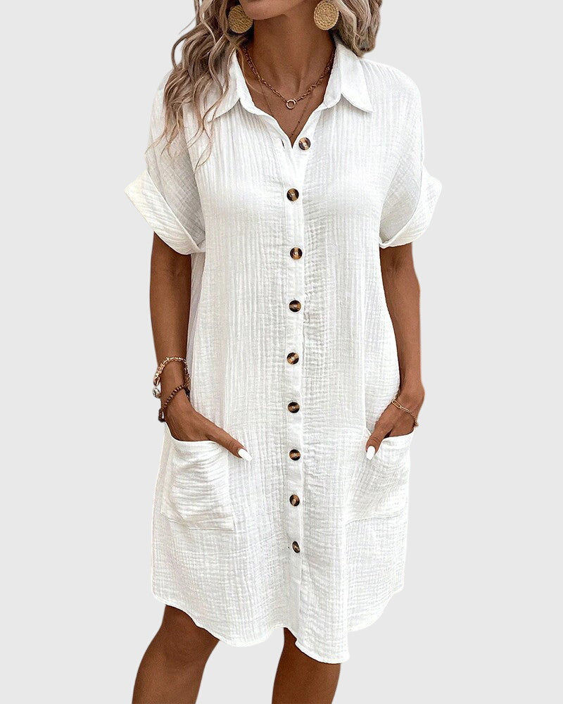 Comfortable Linen Shirt Dress for Women with Collared Button Down Short Sleeve Casual Mini Style