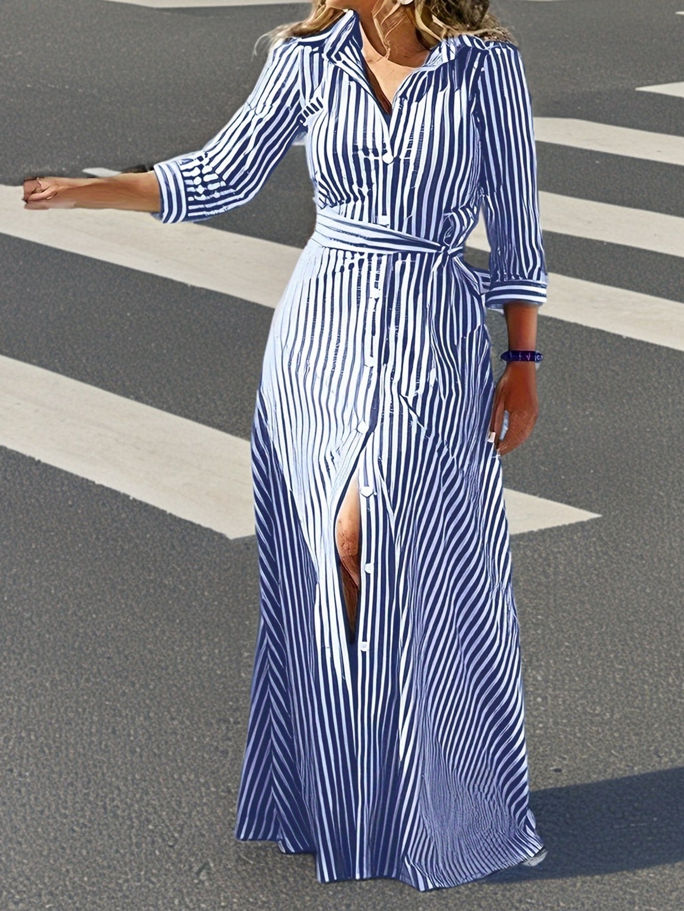 Effortless Striped Maxi Dress for Women with Collared Belted