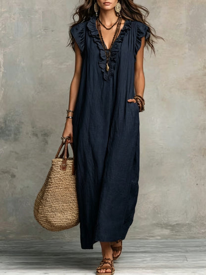 Effortless Maxi Dress for Women with V Neck Ruffled