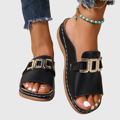 Comfortable Sandals for Women with Flat Slide Gold Chain Buckle Open Toe Casual Summer Style