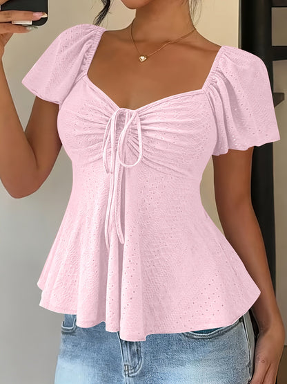 Effortless Blouse for Women with Sweetheart Neck Flutter Sleeve Peplum