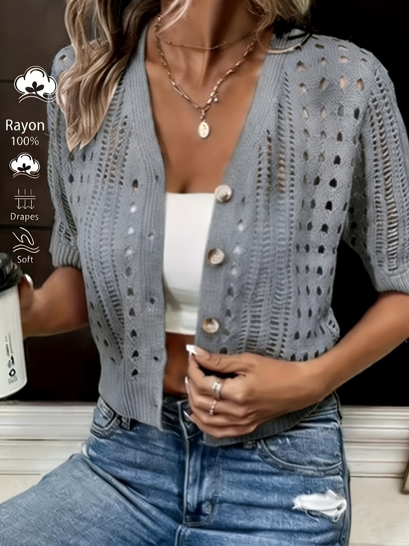 Elegant Knit Cardigan Sweater for Women with Short Sleeve
