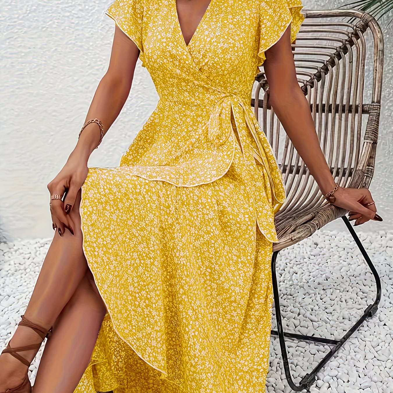 Elegant Floral Wrap Maxi Dress for Women with V Neck