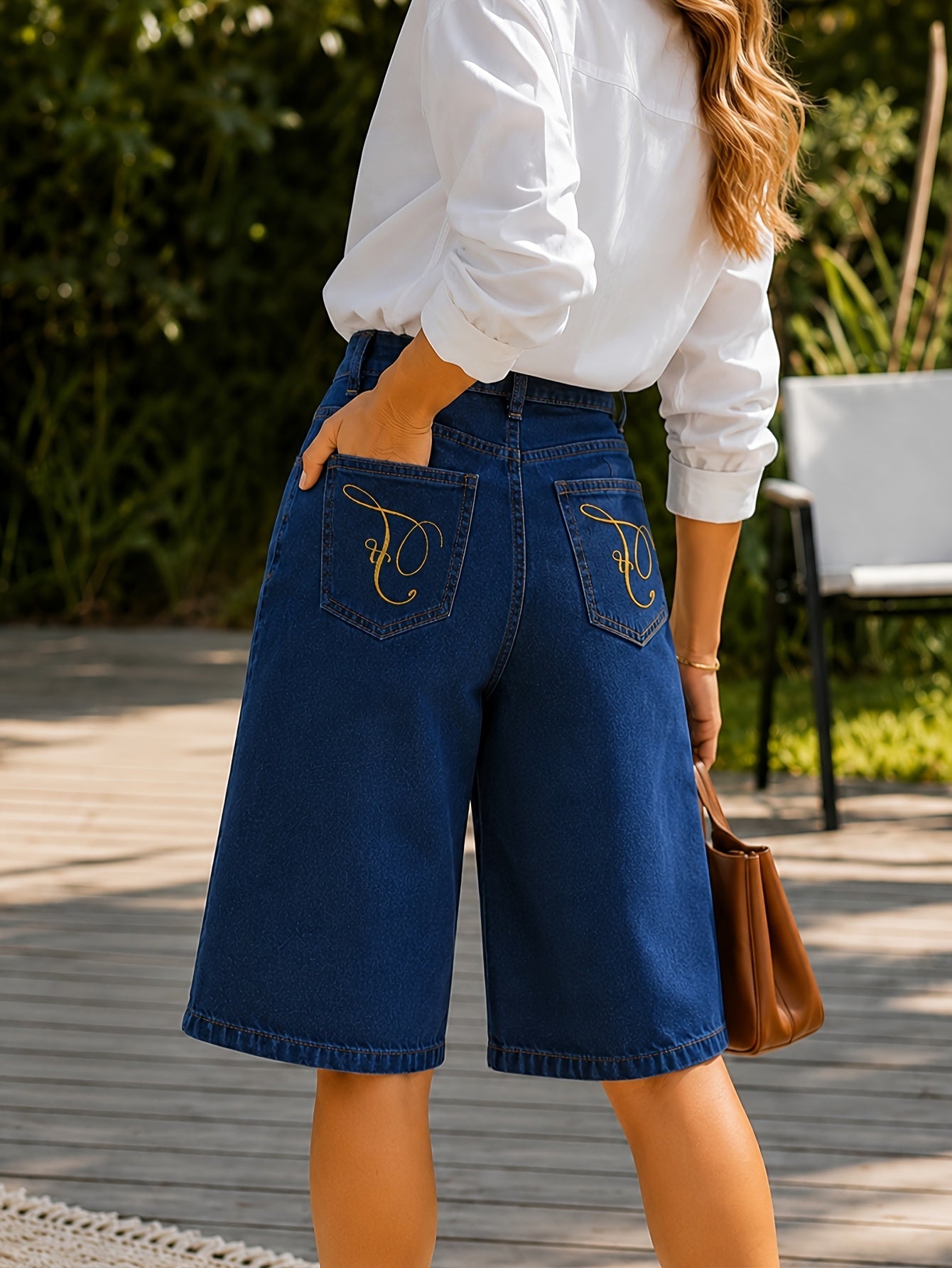 Effortless Blue Denim Bermuda Shorts for Women with High Waist Wide Leg Style