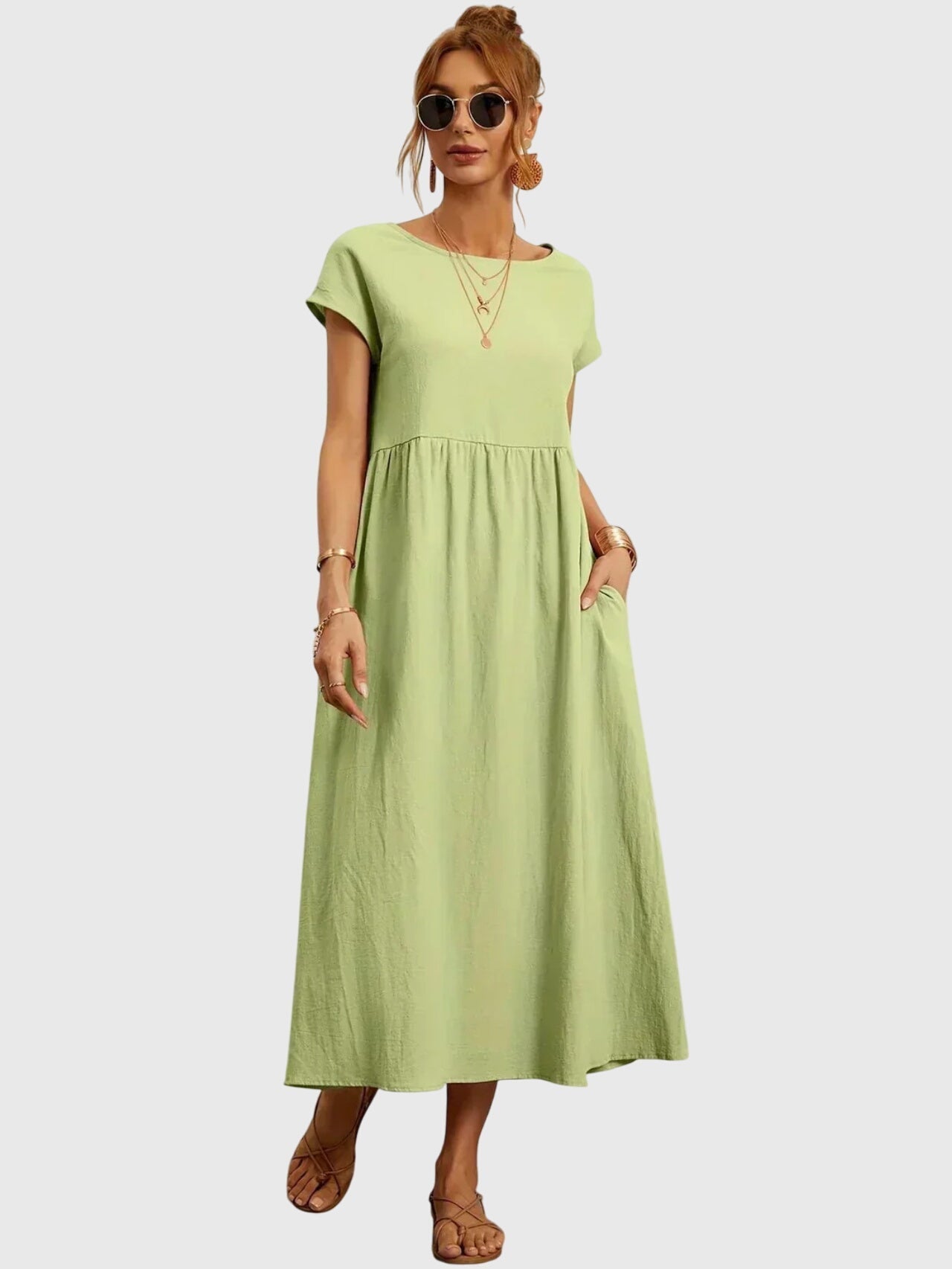 Effortless Round Neck Maxi Dress for Women with Short Sleeve Empire Waist Pocket Casual Style