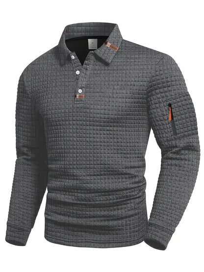 Classic Geometric Polo Shirt for Men with Long Sleeve Pocket