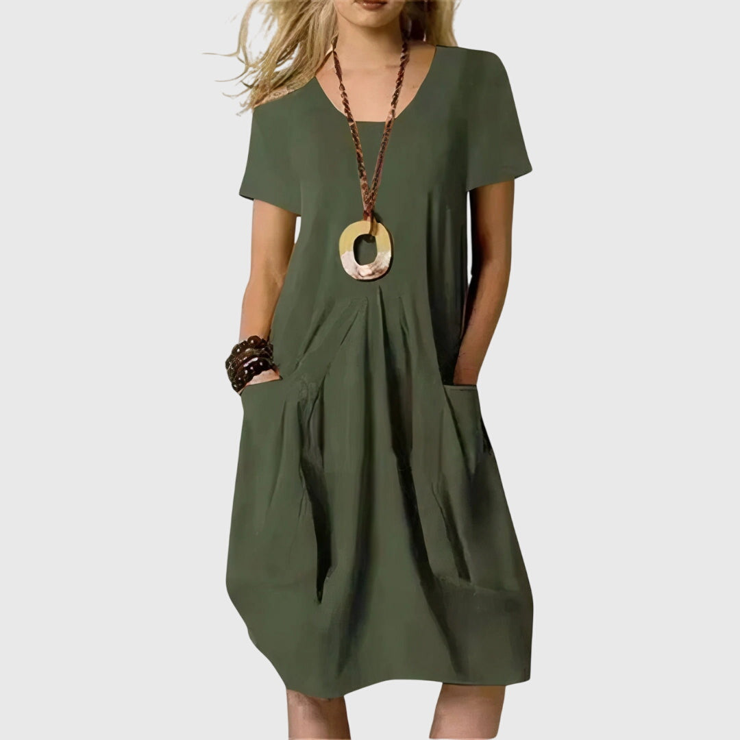 Comfortable V Neck Casual Dresses for Women with Short Sleeve Pleated Front Pocket Relaxed Midi Style