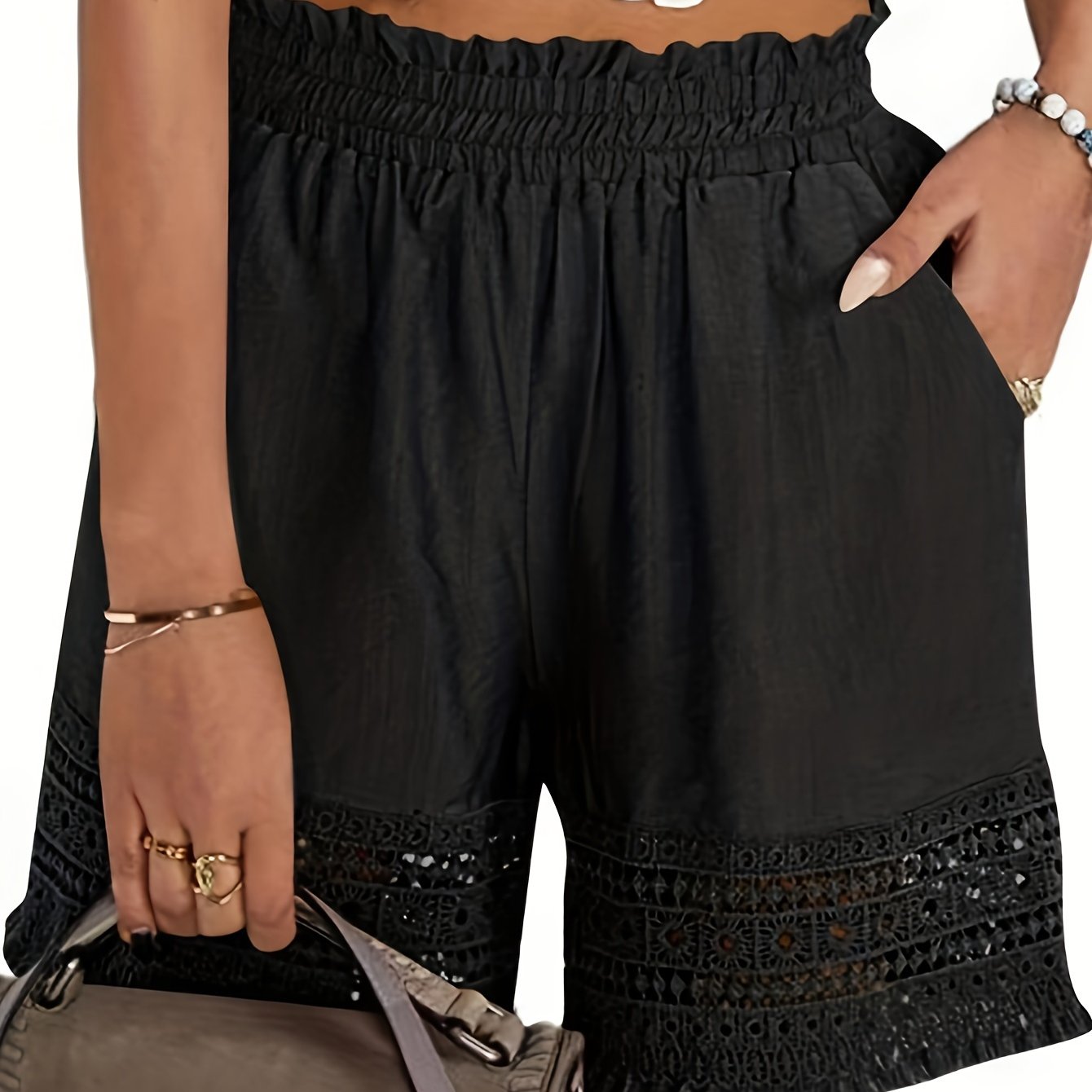 Comfortable Lace Shorts for Women with Elastic Waist Pockets
