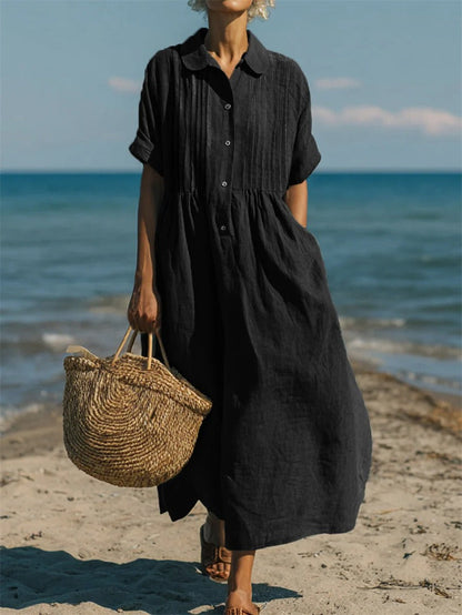 Stylish Maxi Dress for Women with Collared Short Sleeve Pleated