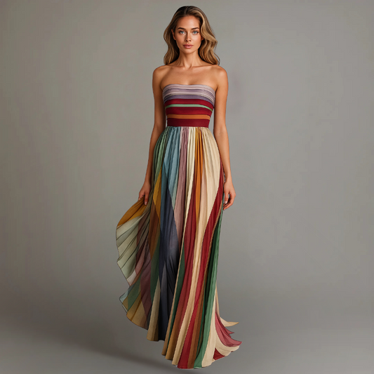 Elegant Striped Strapless Maxi Dress for Women with Pleated Flowing Formal Wedding Guest Style