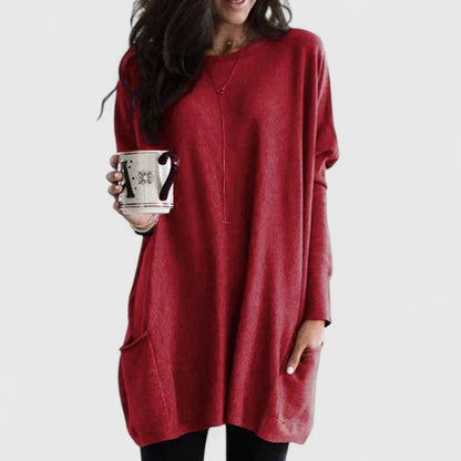 Comfortable Tunic for Women with Crew Neck Long Sleeve Oversized Pocket Casual Style