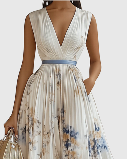 Elegant Floral Pleated Maxi Dress for Women with Deep V-Neck Sleeveless Belted Formal Wedding Guest Style