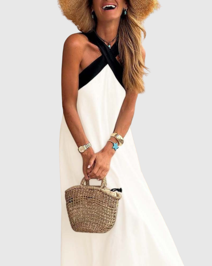 Effortless Colorblock Maxi Dress for Women with Halter Crossover Neck Sleeveless Casual Style