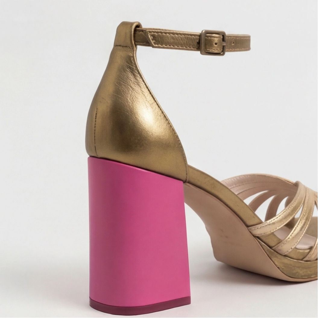 Comfortable Gold Heels for Women with Block Heel Ankle Strap Style