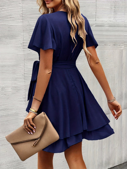Stylish Wrap Mini Dress for Women with V Neck Ruffled