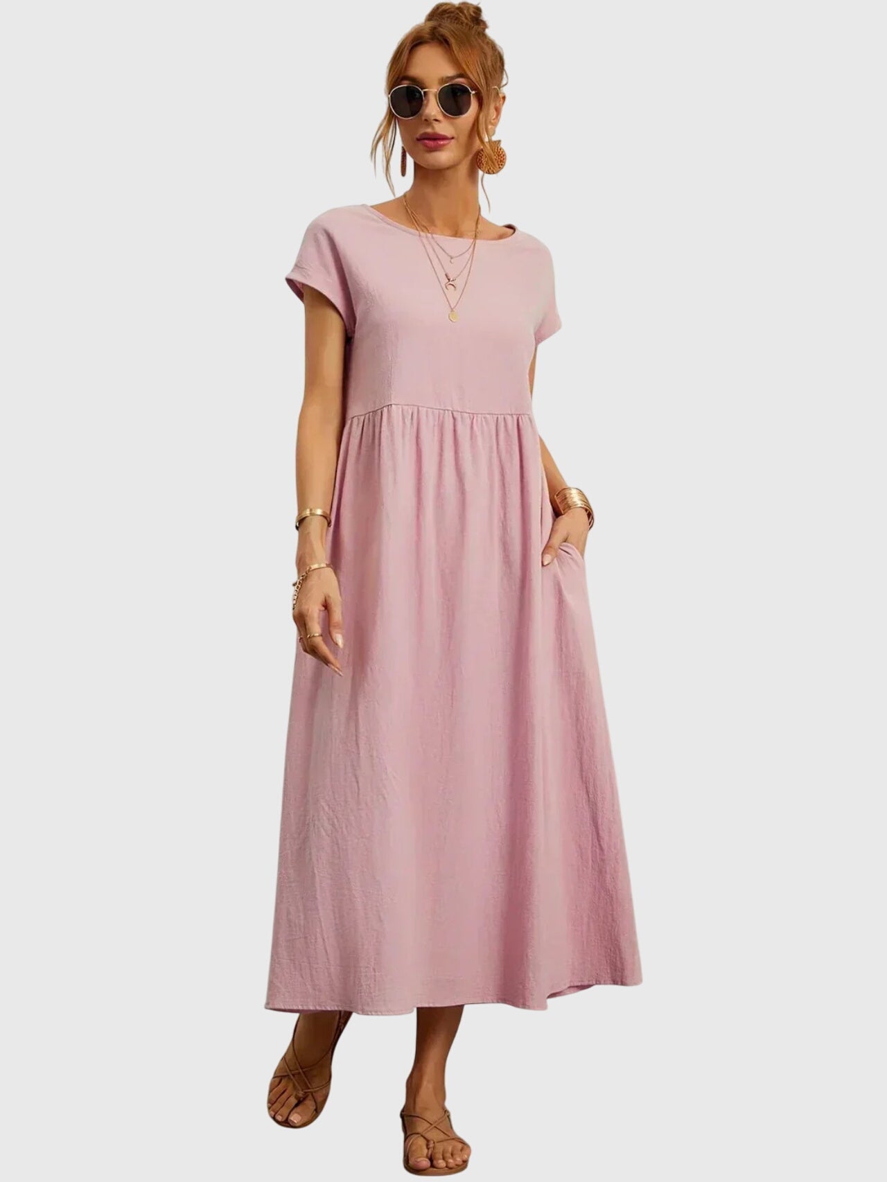 Effortless Round Neck Maxi Dress for Women with Short Sleeve Empire Waist Pocket Casual Style