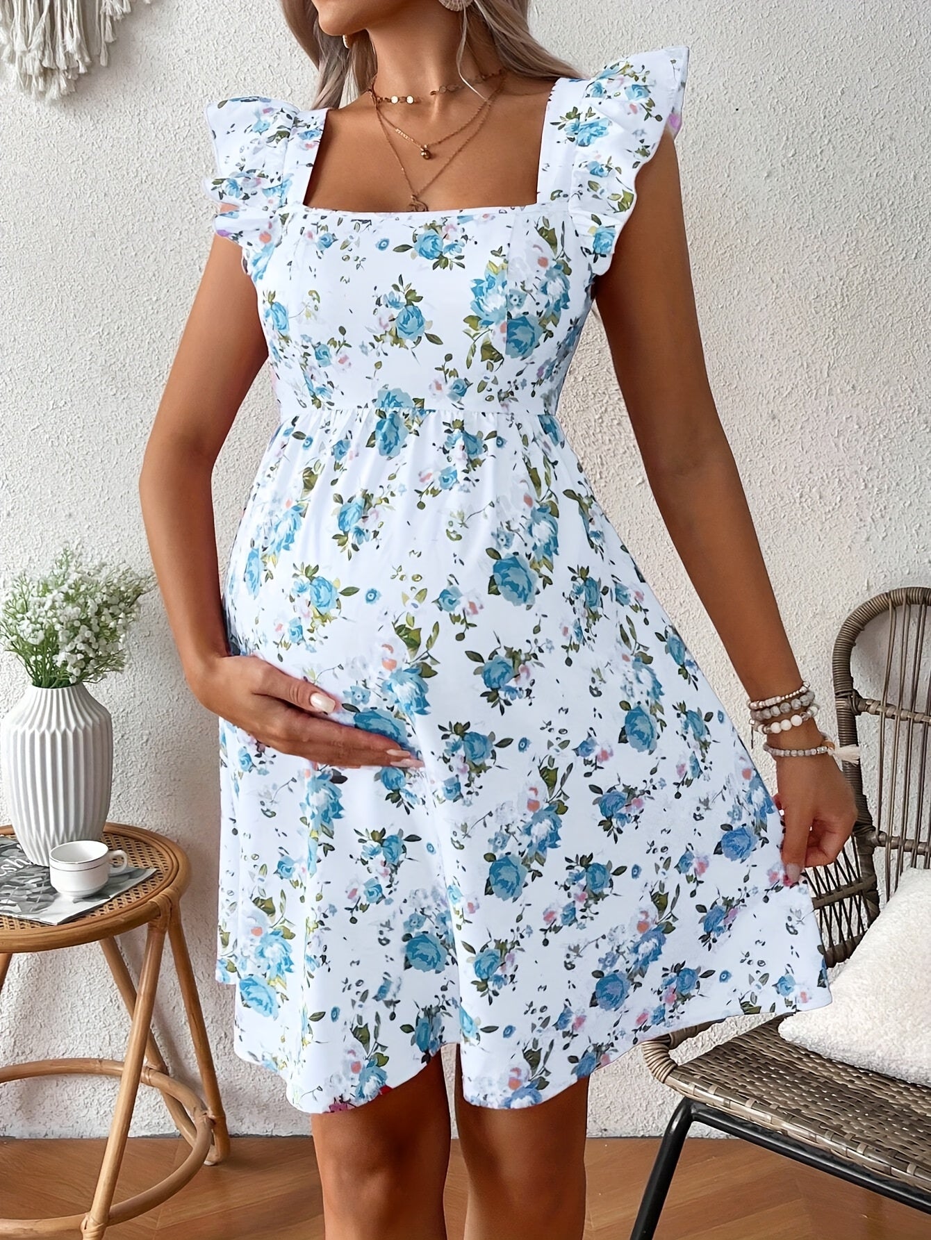 Stylish Floral Maternity Dress for Women with Square Neck Ruffle Strap Empire Waist Casual Style