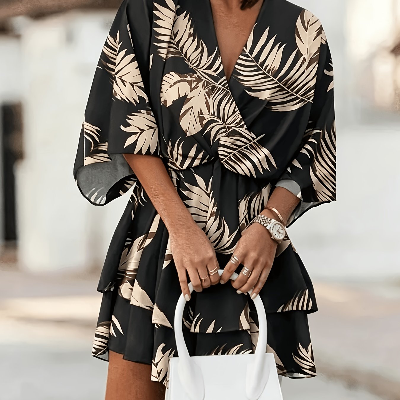 Effortless Wrap Mini Dress for Women with V Neck Batwing Sleeve