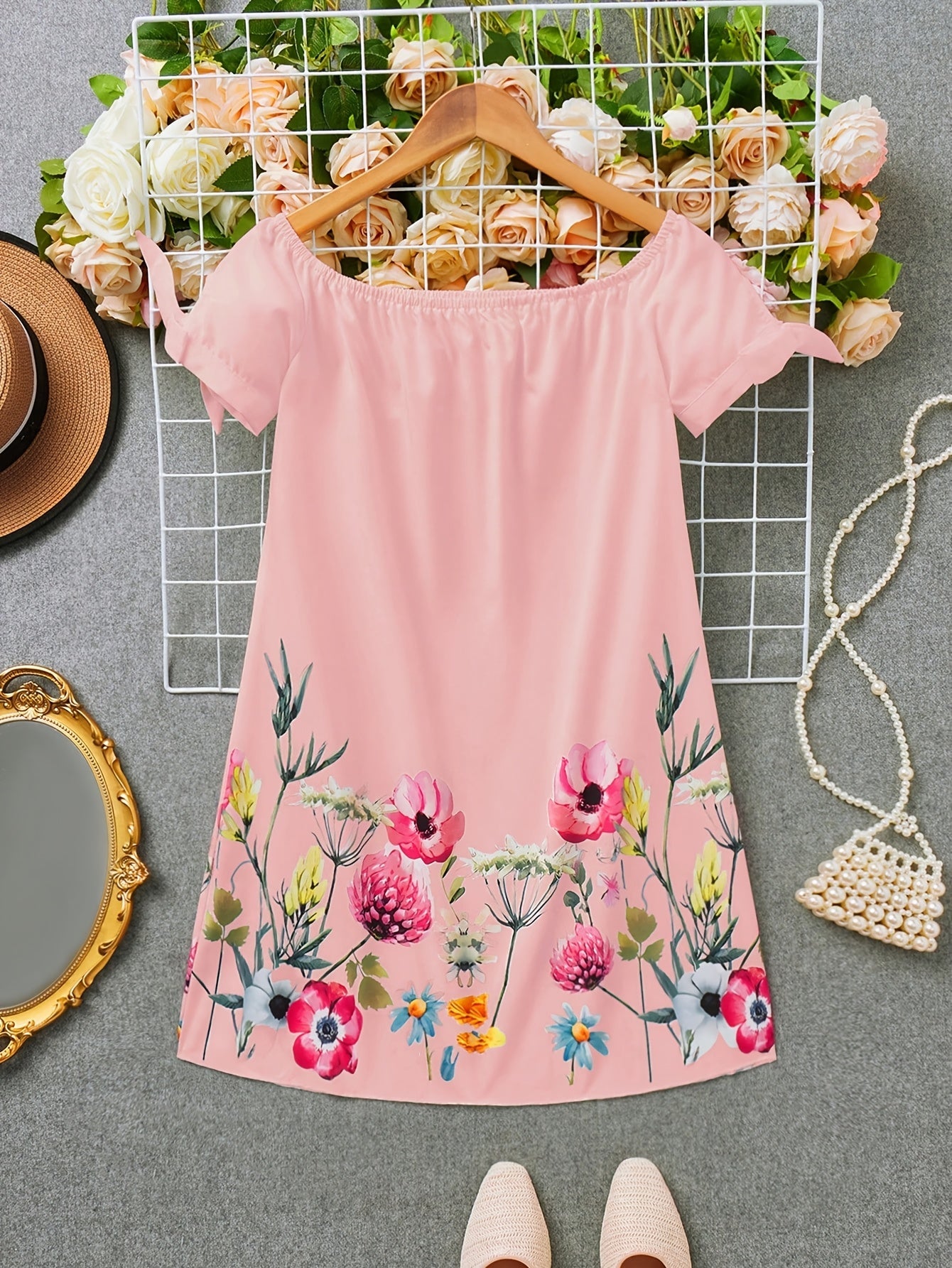 Effortless Floral Mini Dress for Women with Off Shoulder Bow