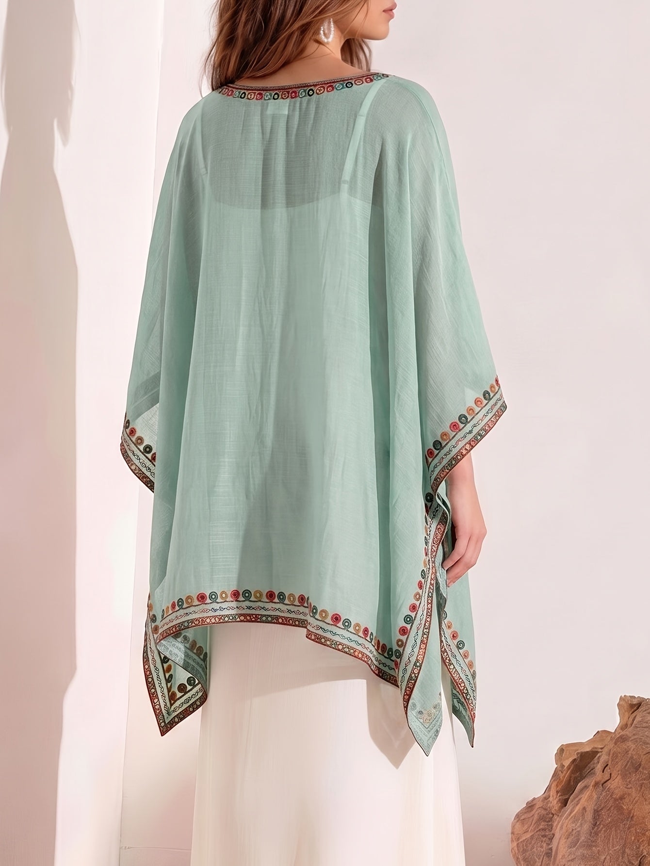 Effortless Poncho Shirts for Women with V-Neck Embroidered Trim Batwing Sleeve Style
