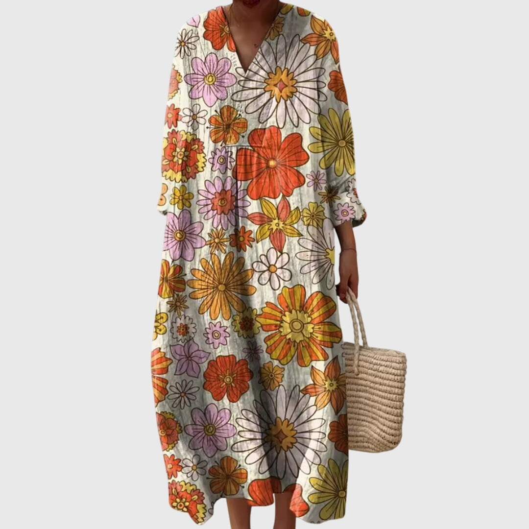 Effortless Colorblock Print Maxi Dress for Women with V-Neck Long Sleeve Casual Loose Style