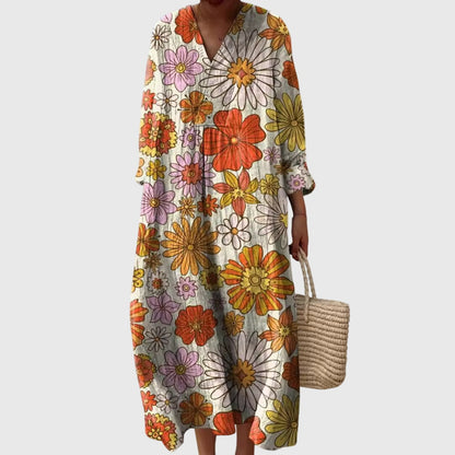 Effortless Colorblock Print Maxi Dress for Women with V-Neck Long Sleeve Casual Loose Style