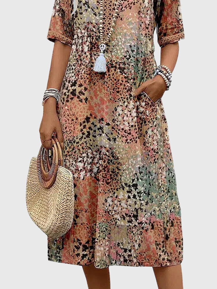 Effortless Boho Print Casual Maxi Dress for Women with V-Neck Half Sleeve Pocket Style