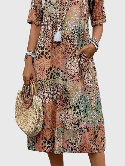 Effortless Boho Print Casual Maxi Dress for Women with V-Neck Half Sleeve Pocket Style
