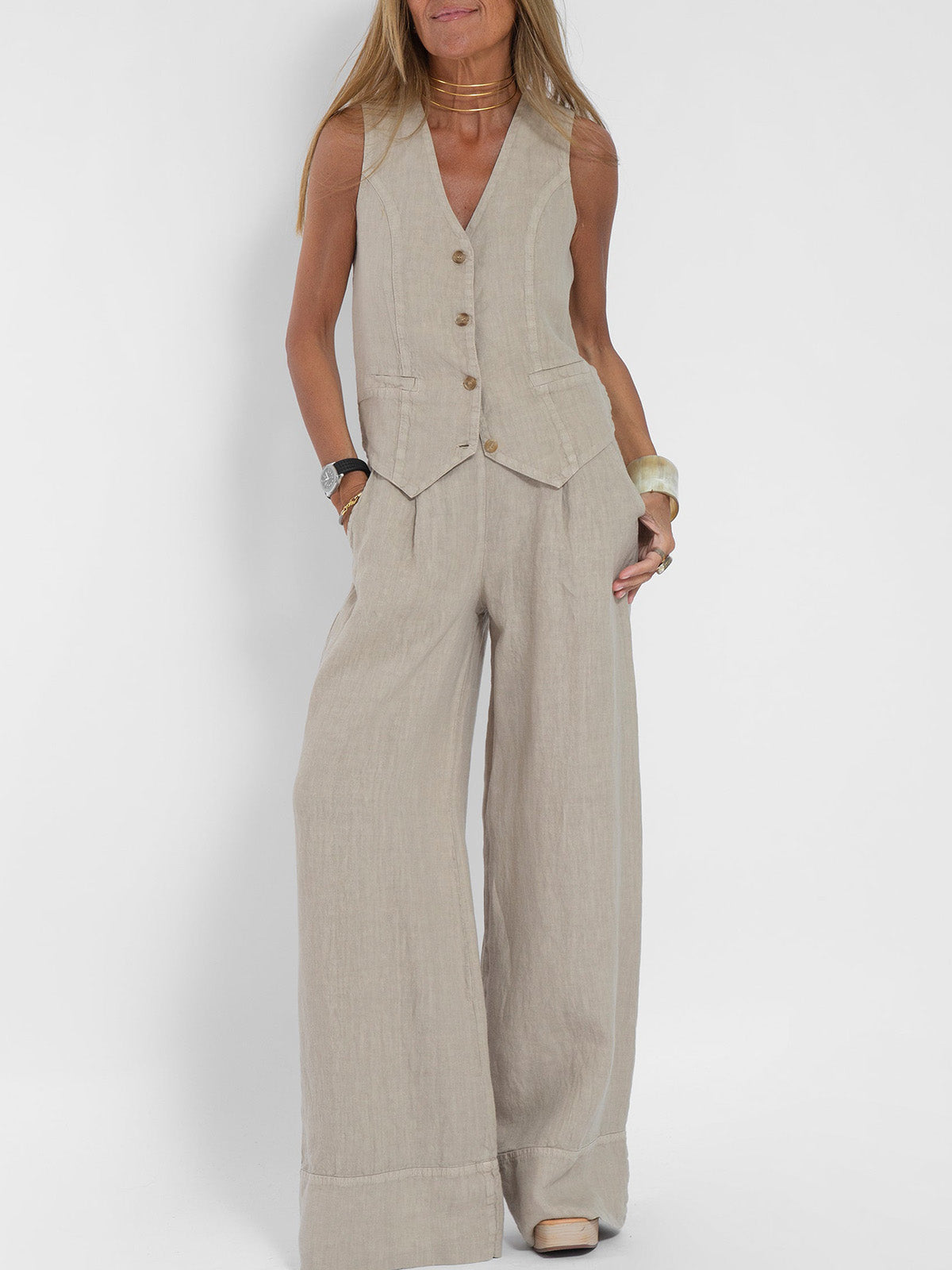 Comfortable Two Piece Set for Women with V Neck Sleeveless Wide Leg