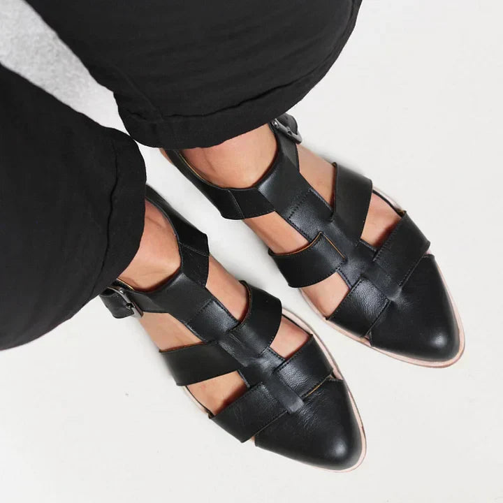 Stylish Leather Sandals for Women with Pointed Toe Woven Strap Ankle Buckle Flat Sole Casual Summer Style