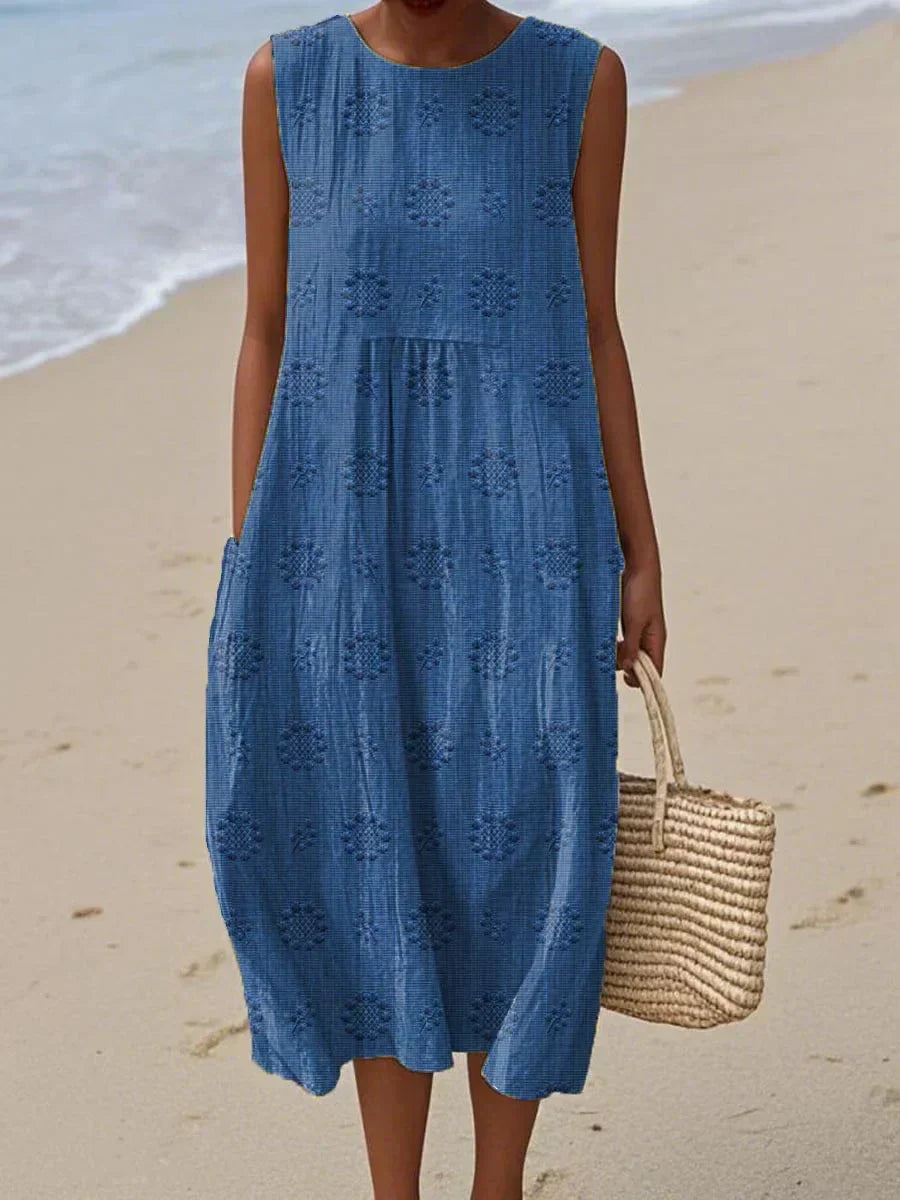 Elegant Floral Midi Dress for Women with Sleeveless Pocket