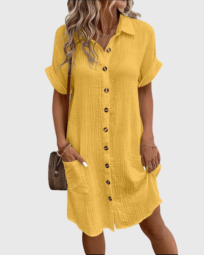 Comfortable Linen Shirt Dress for Women with Collared Button Down Short Sleeve Casual Mini Style