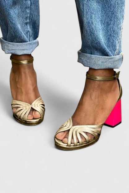 Comfortable Gold Heels for Women with Ankle Strap Open Toe Style