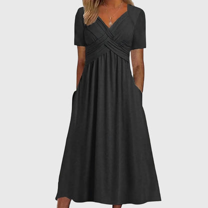 Effortless Wrap V-Neck Midi Dress for Women with Short Sleeve Pocket Casual Style