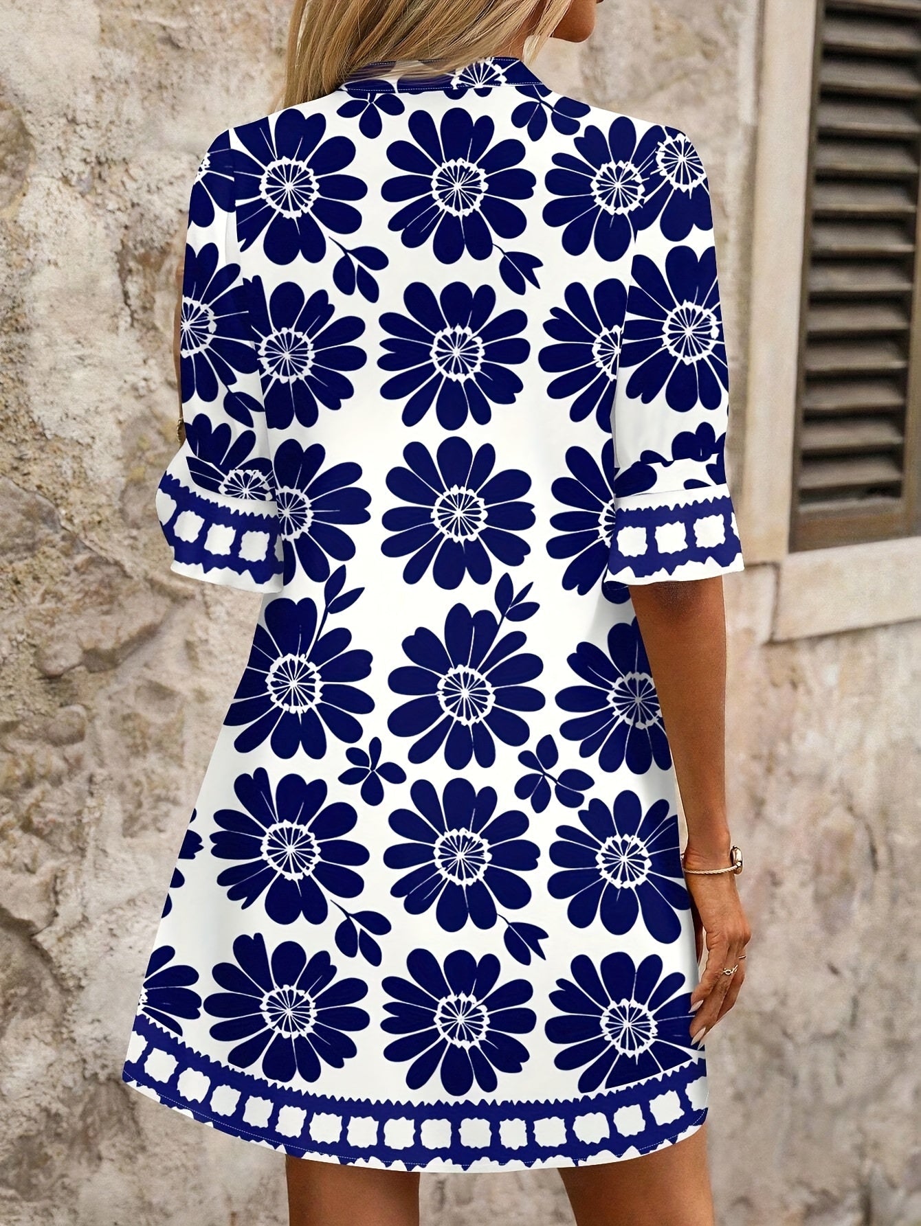 Effortless Blue Floral Mini Dress for Women with V Neck Ruffle Sleeve