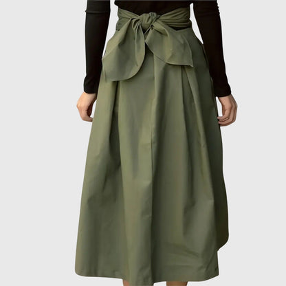 Elegant Olive Green Midi Skirt for Women with High Waist Pleated A-Line Tie Waist Business Casual Style