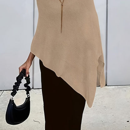 Elegant Poncho Shirts for Women with Half Zip Long Sleeve Asymmetric Hem Style