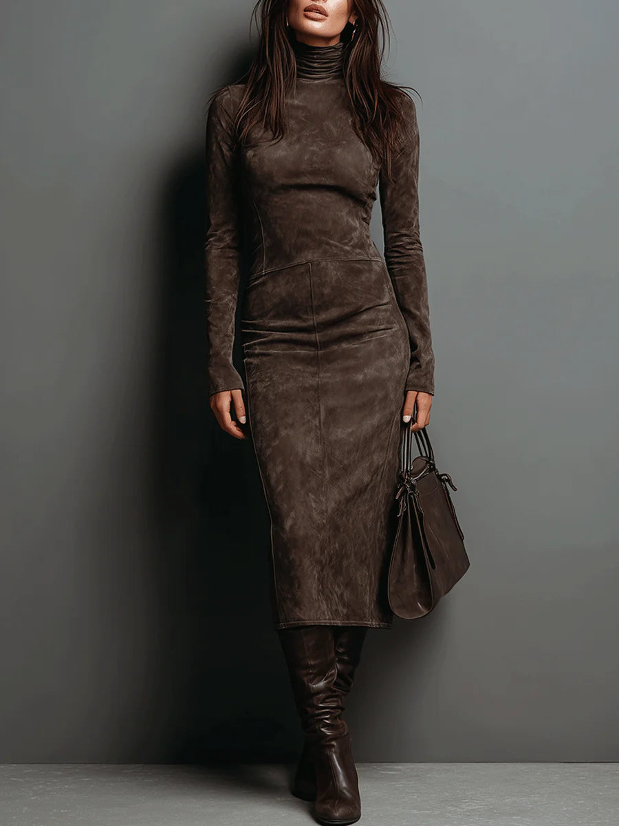 Elegant Suede Midi Dress for Women with Turtleneck Long Sleeve Fitted Semi Formal Style