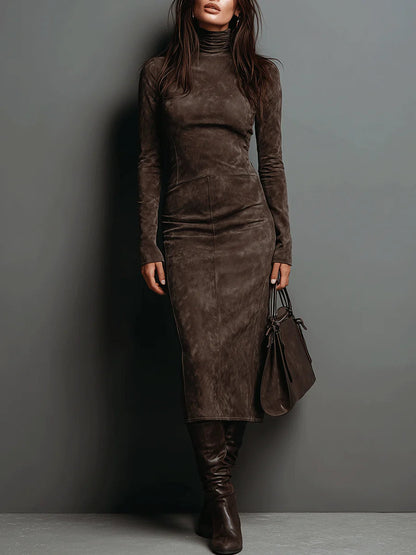 Elegant Suede Midi Dress for Women with Turtleneck Long Sleeve Fitted Semi Formal Style