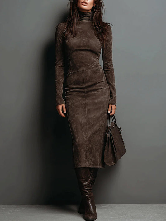 Elegant Suede Midi Dress for Women with Turtleneck Long Sleeve Fitted Semi Formal Style