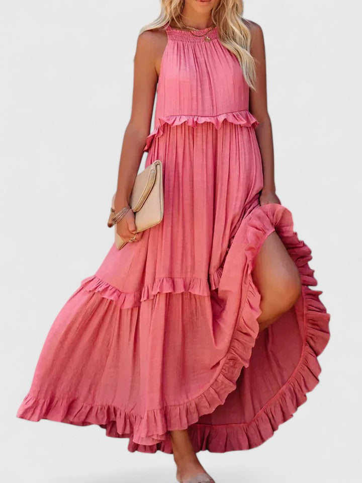 Effortless Ruffle Maxi Dresses for Women with Halter Neck Sleeveless Two Tone Casual Sundress Style